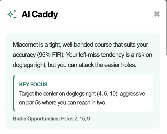 AI Caddy course overview — key focus, birdie opportunities, and personalized assessment