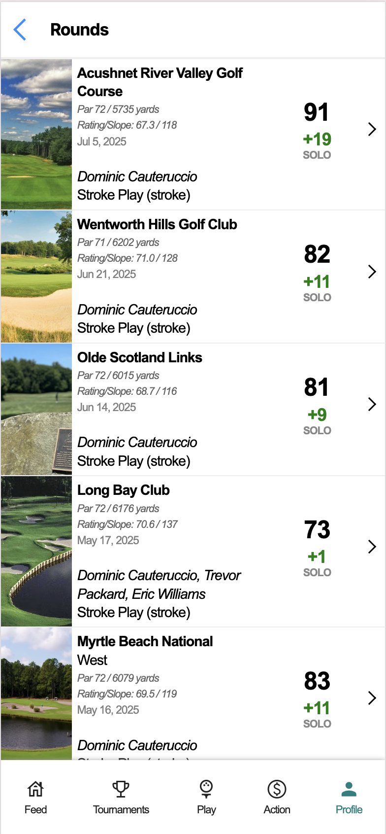 Rounds list — course details, rating/slope, and scores at a glance
