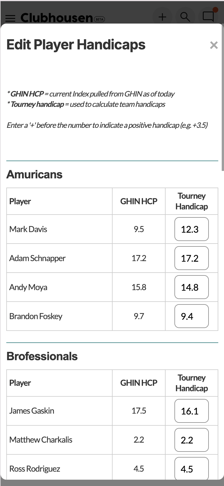 Edit Player Handicaps — GHIN HCP vs. Tourney Handicap side by side