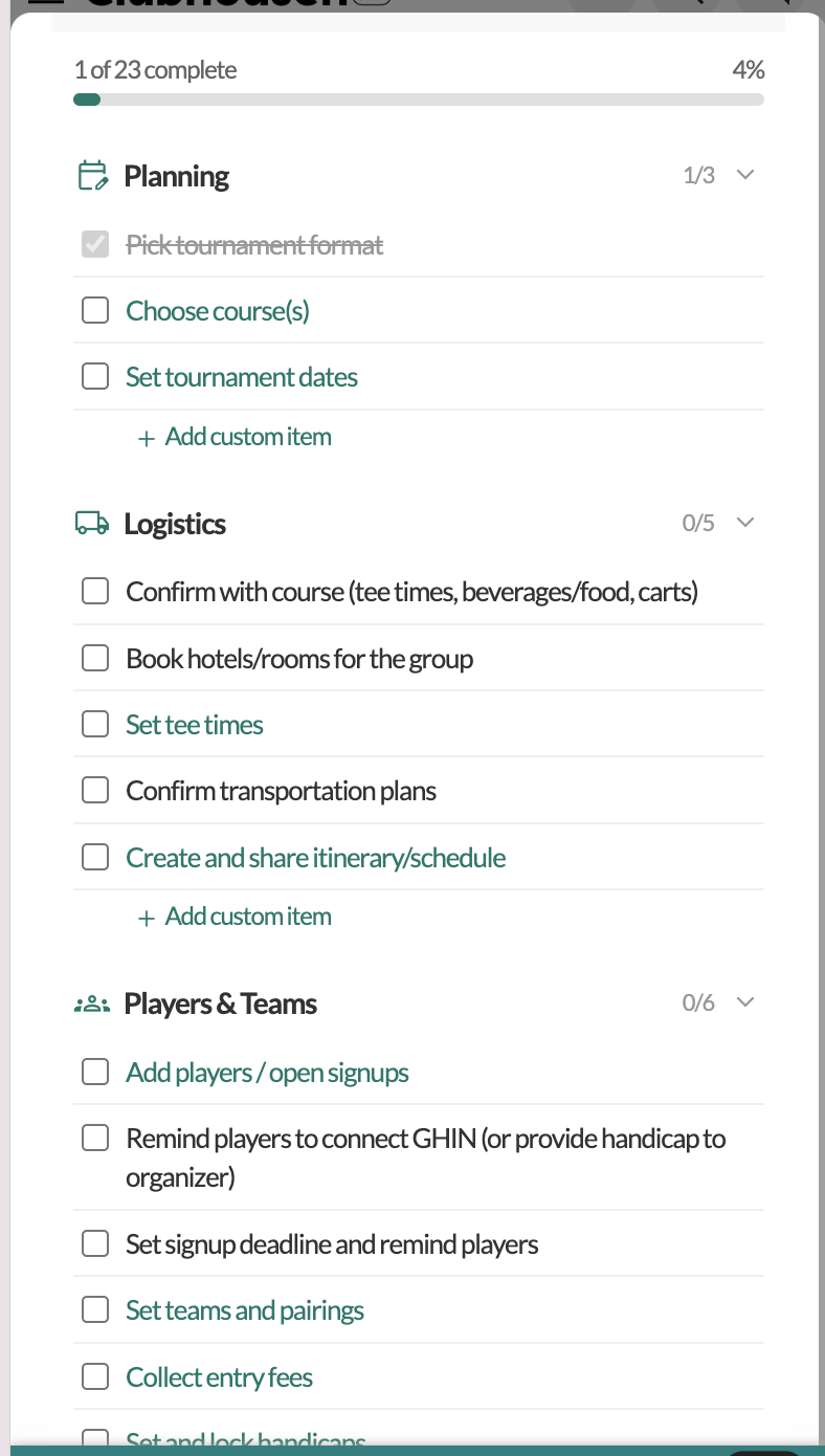 Planning, Logistics, and Players & Teams — each item with a clear next step