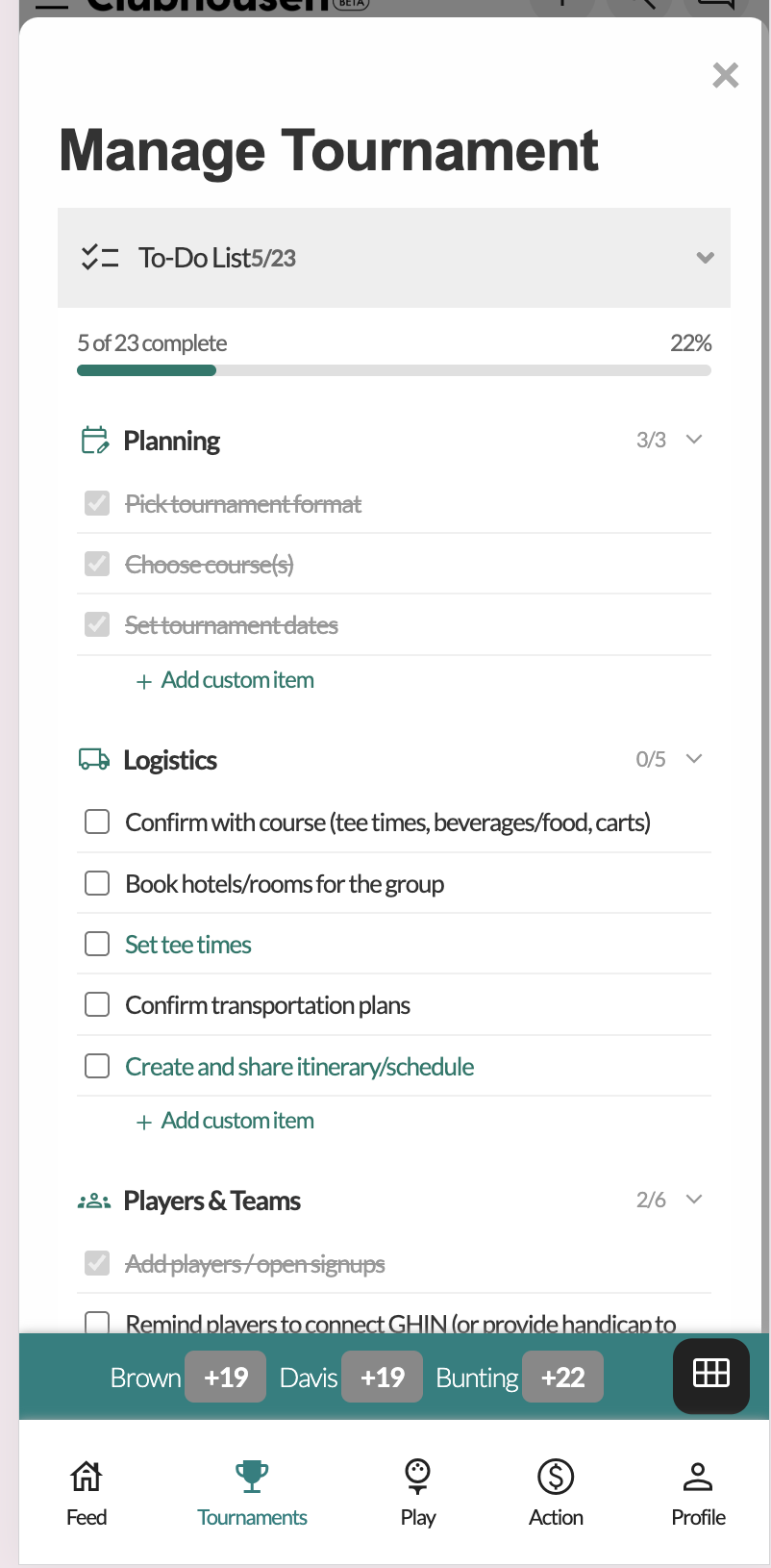 The To-Do List inside Manage Tournament — progress bar, categories, and action buttons